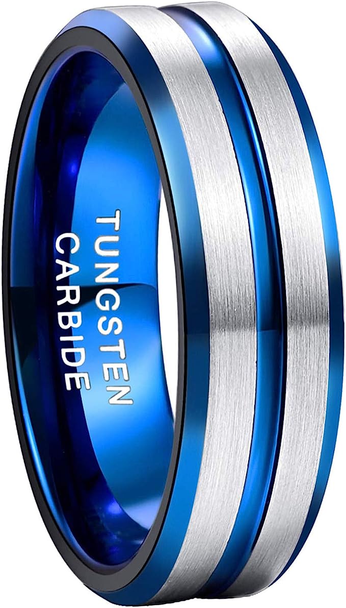 8mm Genuine Tungsten Carbide Brushed Silver Ring 8mm, Blue Line Center-Band Width 8mm Comfort fit