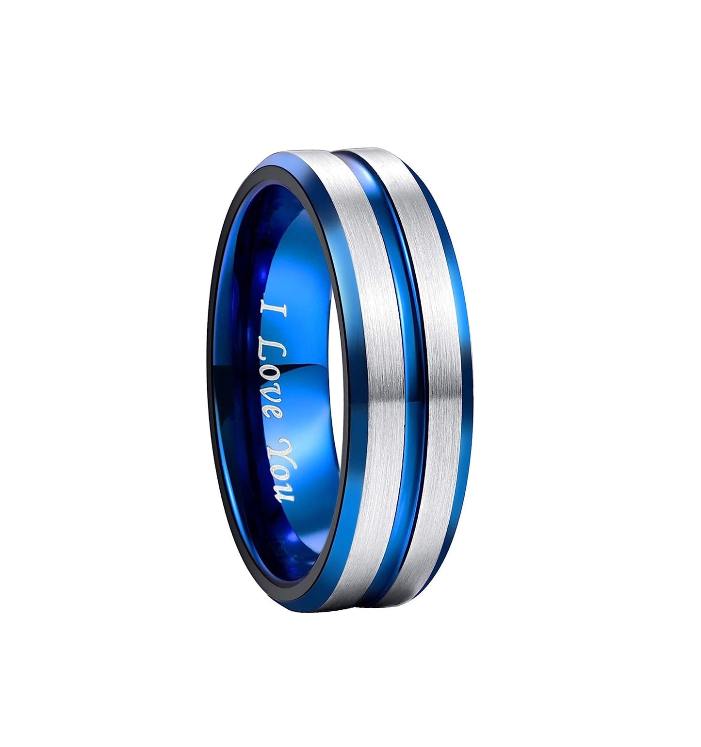 8mm Genuine Tungsten Carbide "I love you" engraved in the inside of the band" Brushed Silver Ring 8mm, Blue Line Center-Band Width 8mm Comfort fit