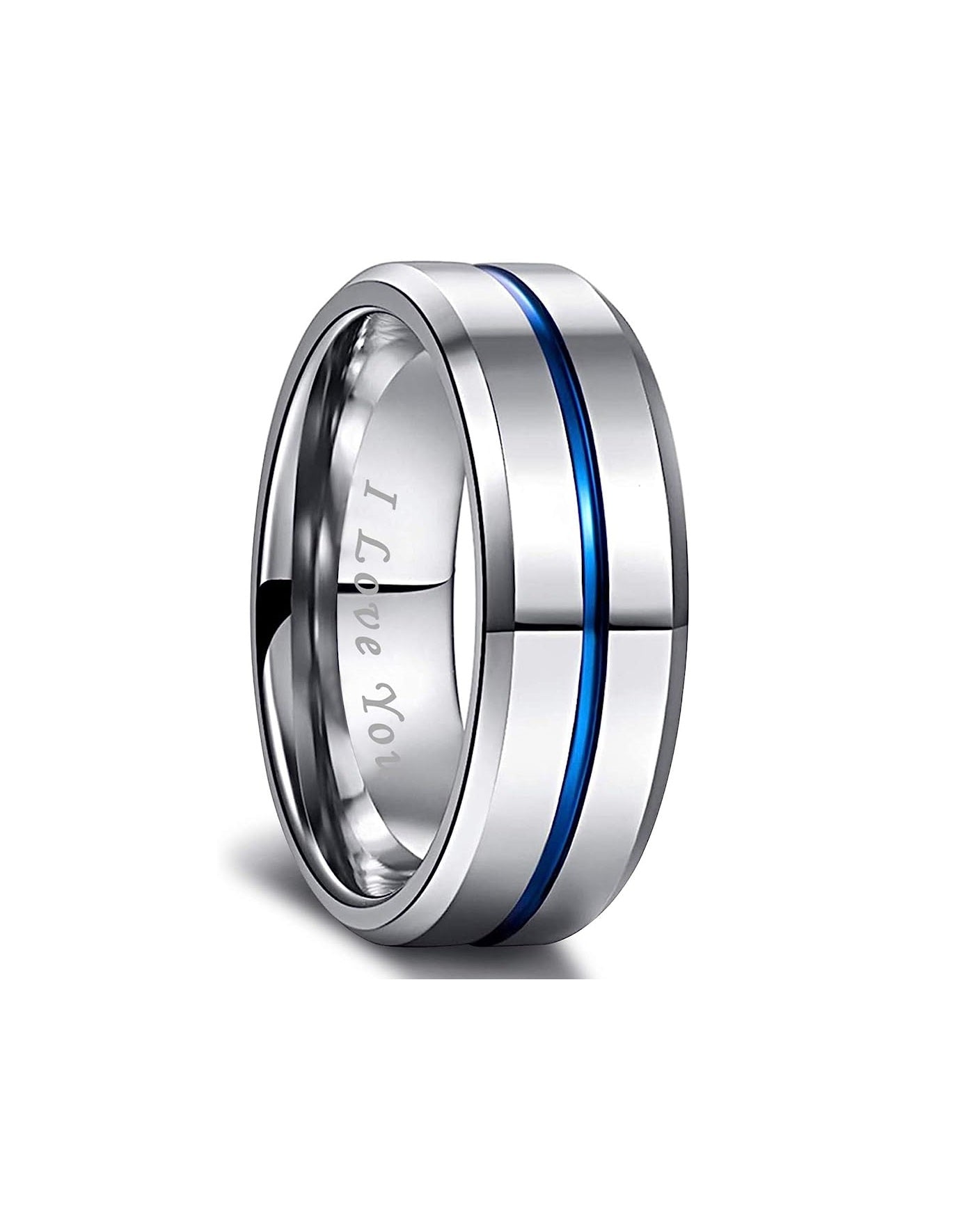 8mm Genuine Tungsten Carbide "I love you" engraved in the inside of the band Silver 8mm, Blue Line Center-Band Width 8mm Ring Comfort fit