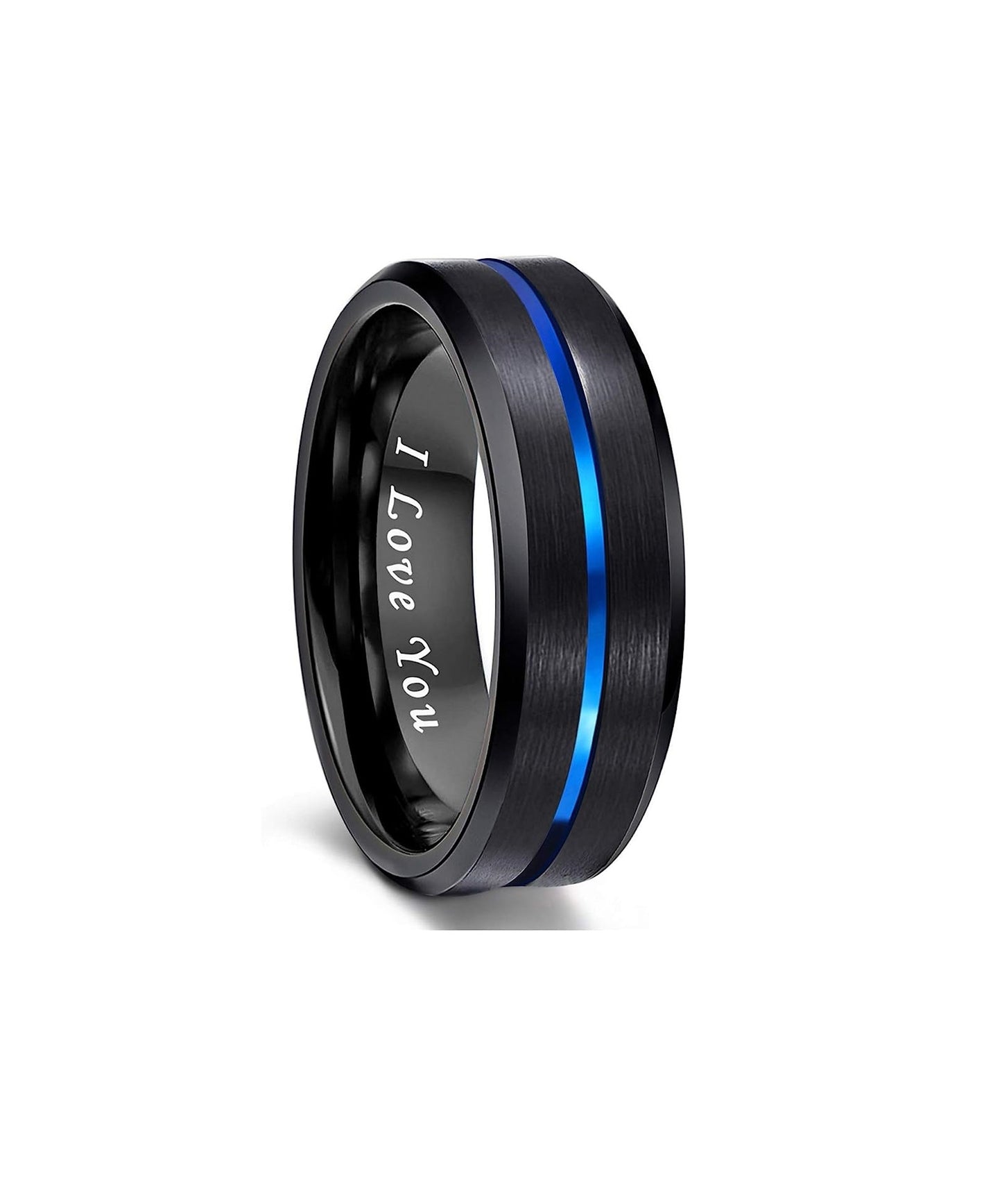 8mm Genuine Tungsten Carbide "I love you" engraved in the inside of the band Black Brushed 8mm, Blue Line Center-Band Width 8mm Ring Comfort fit