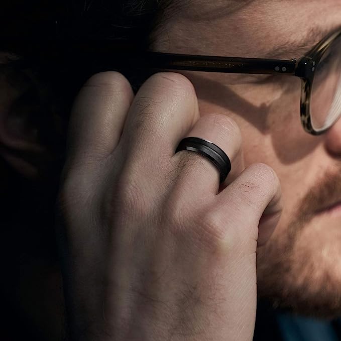 6mm Genuine Tungsten Carbide ''I LOVE YOU'' message engraved inside ring band; Black Brushed 6mm, Grey Line Center-Band Width 8mm Ring Comfort fit