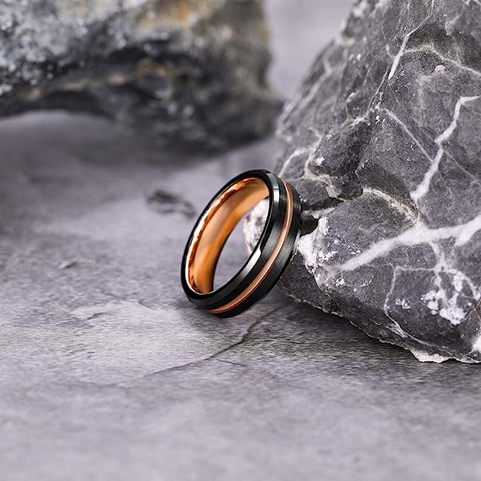 6mm Genuine Tungsten Carbide Black Brushed 6mm, Rose Gold Line Center-Band Width 8mm Ring Comfort fit