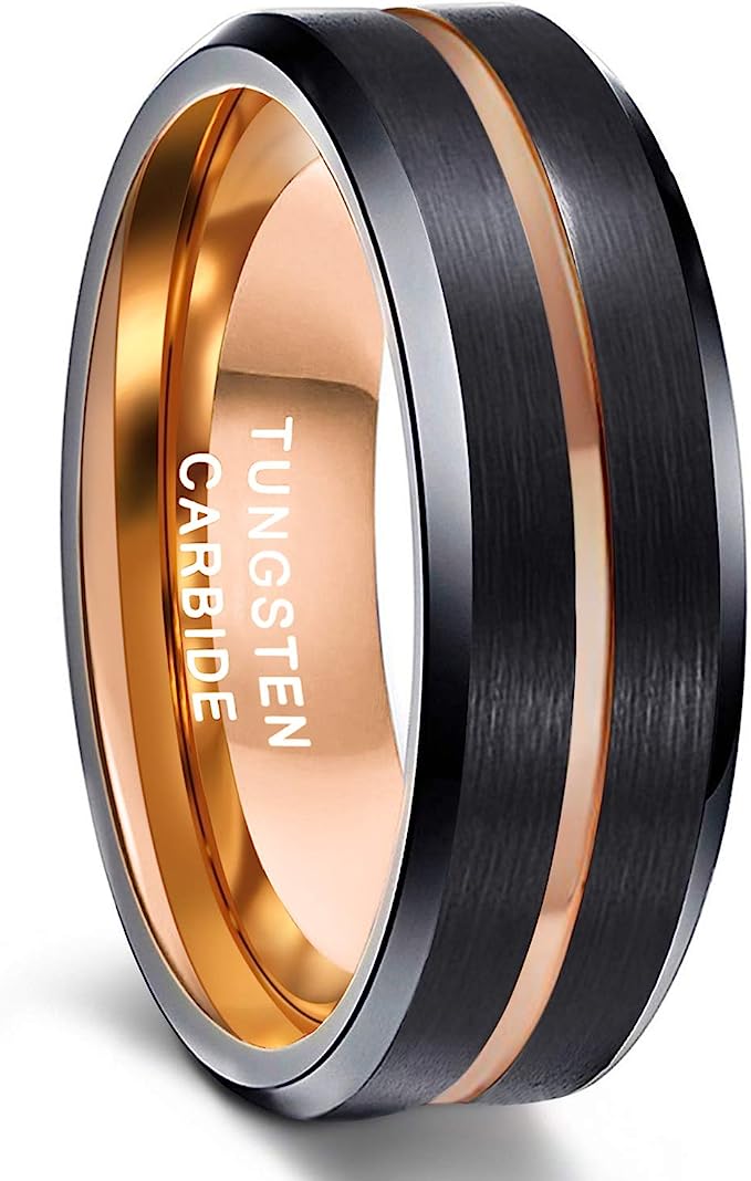 8mm Genuine Tungsten Carbide Black Brushed 8mm, Rose Gold Line Center-Band Width 8mm Ring Comfort fit