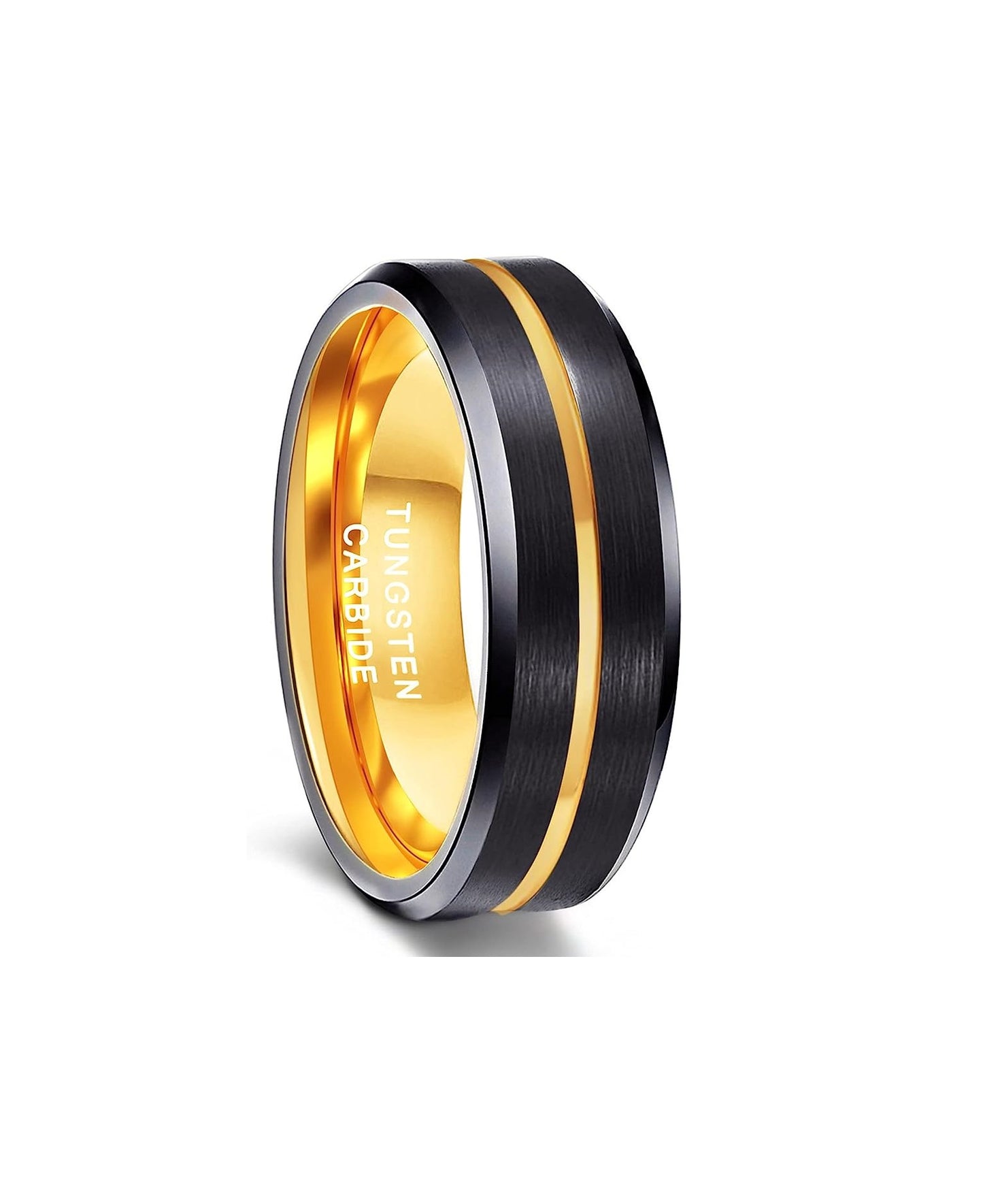 8mm Genuine Tungsten Carbide Black Brushed 8mm, Gold Line Center-Band Width 8mm Ring Comfort fit