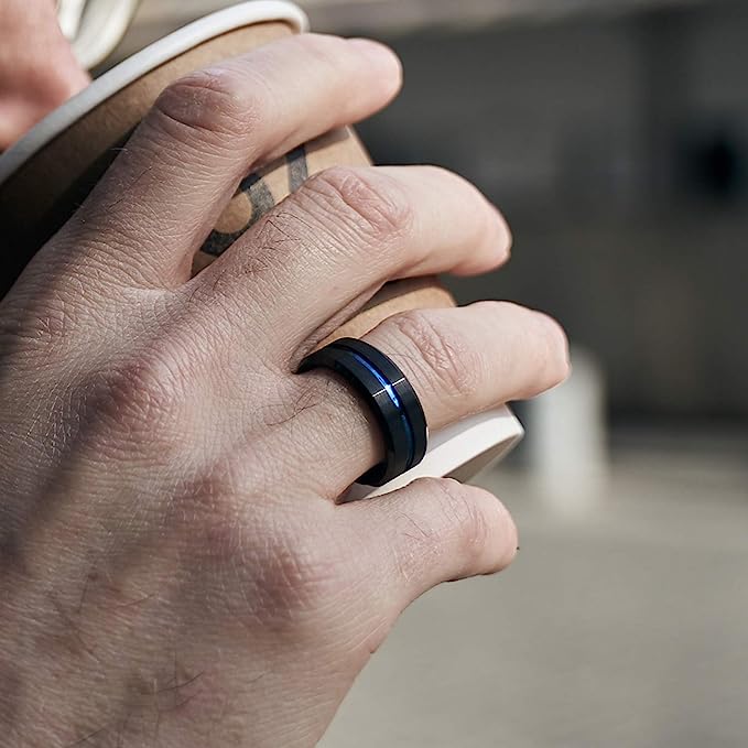 6mm Genuine Tungsten Carbide -"I Love You" Engraved Inside RING" Black Brushed Blue Line Center -Band Width 6mm Ring Comfort fit