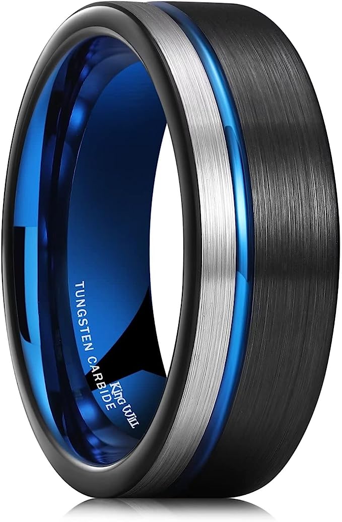 One: Genuine Tungsten Carbide 8mm Blue High polish smooth inner face, brings you both the elegance and comfort, slides on and off easily Tungsten Carbide Black and Silver Surface Brushed Blue Groove line Finish Comfort Fit wedding band Size 6-15