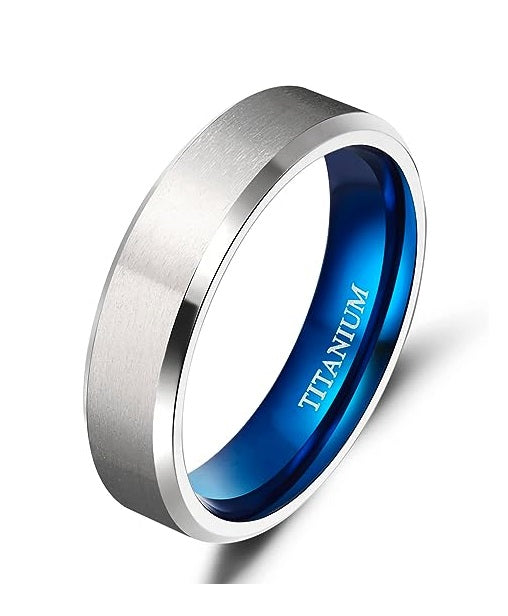 Genuine Titanium Silver Brushed Blue 6mm Wide Ring Wedding Band High Polished Comfort Fit.