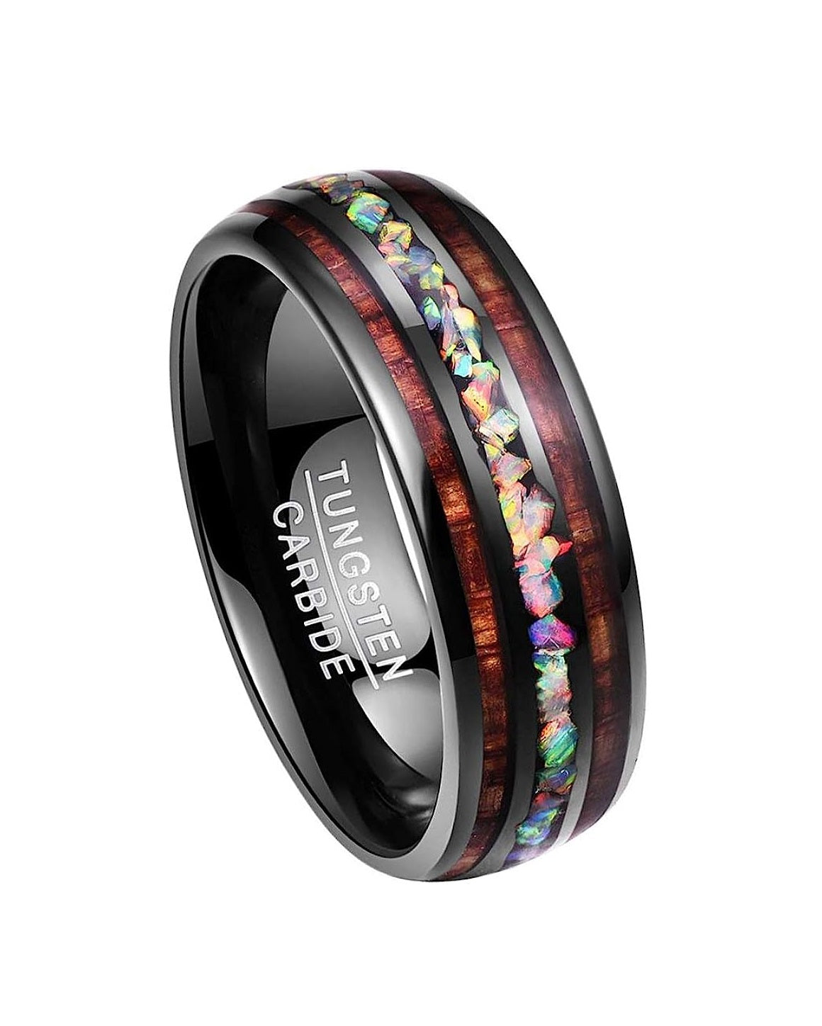 Black 8mm Gorgeous Inlaid with Hawaiian Koa Wood and Created-Opal Domed Black Inner high polished inner-face design smooth and shiny. Comfort Fit Wedding Band Size 6-15