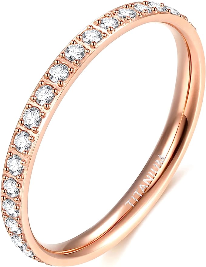 Genuine Titanium Rose Gold 2mm Wide Ring Cubic Zirconia Eternity High Polished Comfort Fit.