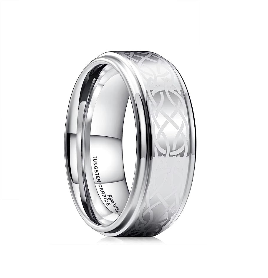 Genuine Carbide Tungsten Color: BLUE Silver Laser Celtic Knot Dragon Edge 8mm RING Polished Shiny Comfort Fit Wedding Band Size Size 6-15
