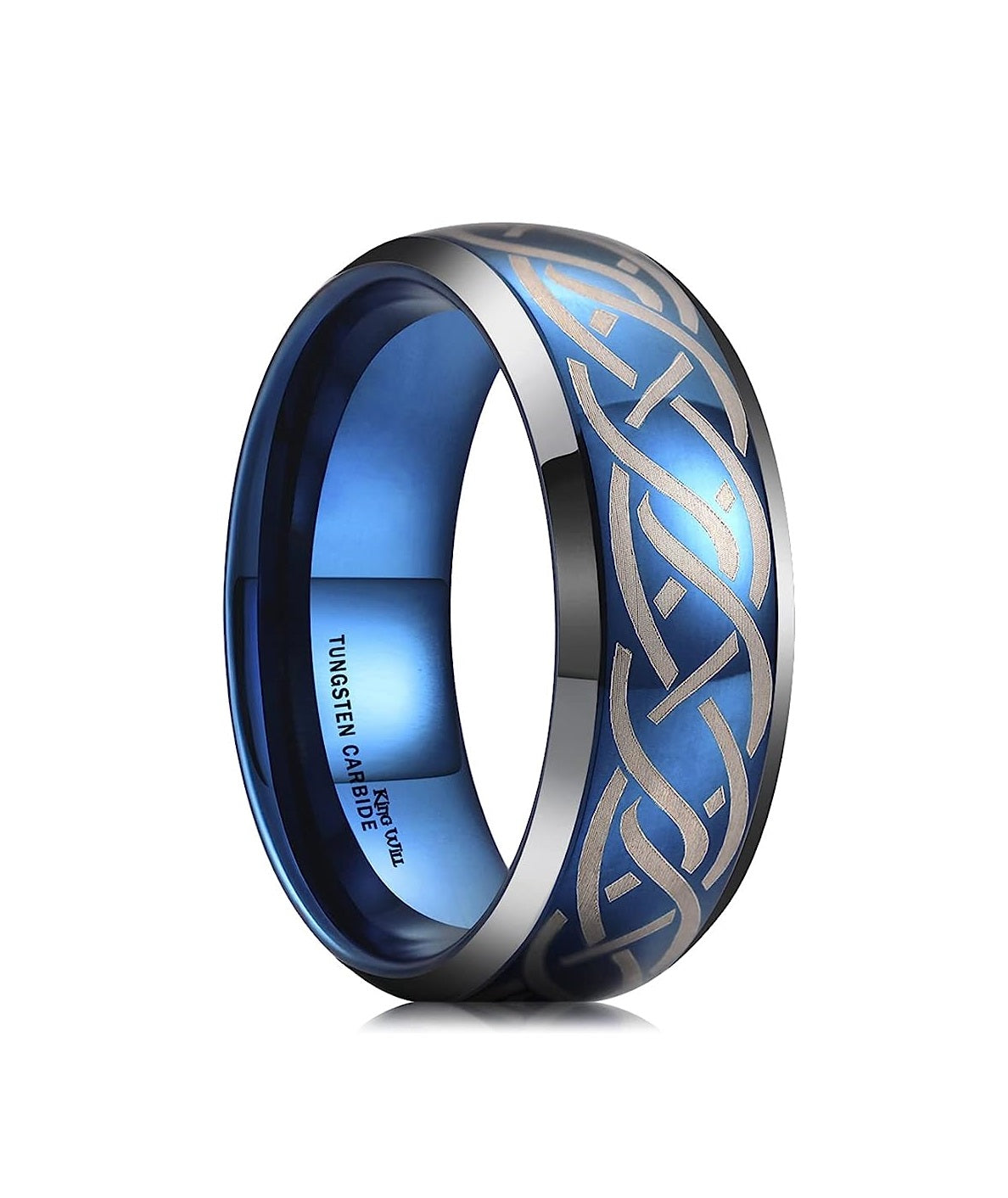 Genuine Carbide Tungsten Color: BLUE Silver Laser Celtic Knot Dragon 8mm RING Polished Shiny Comfort Fit Wedding Band Size Size 6-15