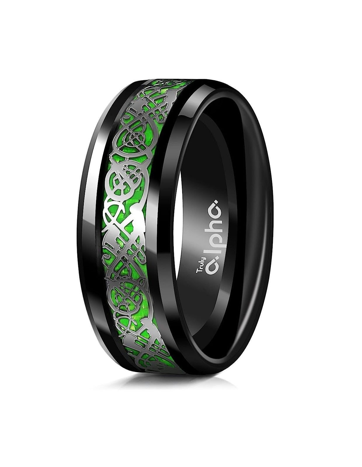 Genuine Carbide Tungsten Color: BLACK Celtic Dragon GREEN Carbon Fiber 8mm RING Polished Shiny Comfort Fit Wedding Band Size Size 6-15