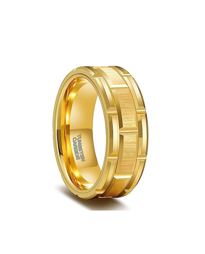 Genuine Tungsten Carbide 8mm CASUAL & MODERN: Gold Brick band for a bride or groom High finish polished beveled edge comfort fit wedding band Size 6-15