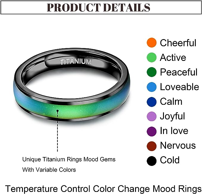 Genuine Titanium Black 4mm Wide Ring Mood Ring Color Change High Polished Comfort Fit.