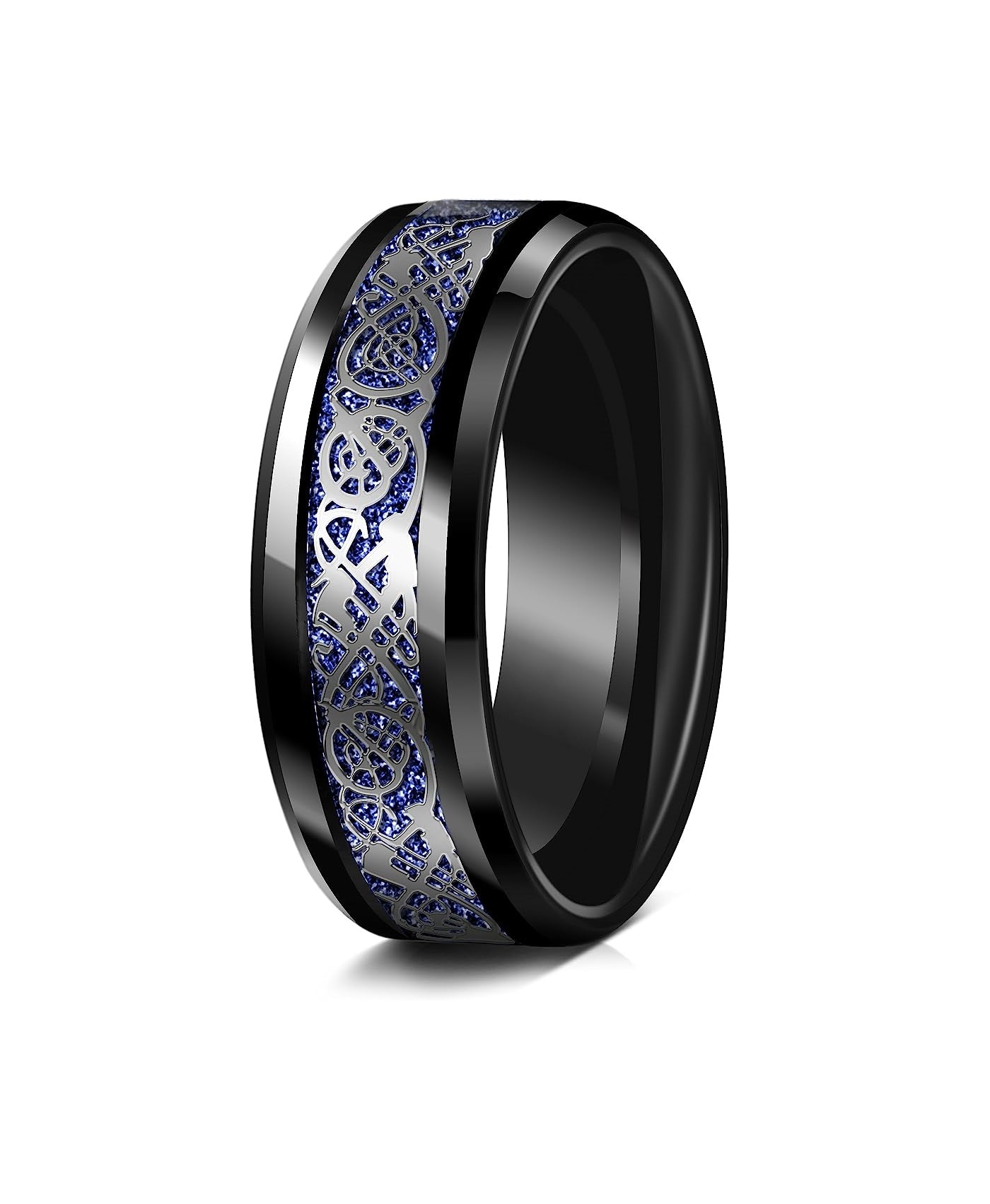 Genuine Carbide Tungsten Color: BLACK Celtic Dragon BLUE Carbon Fiber 8mm RING Polished Shiny Comfort Fit Wedding Band Size Size 6-15