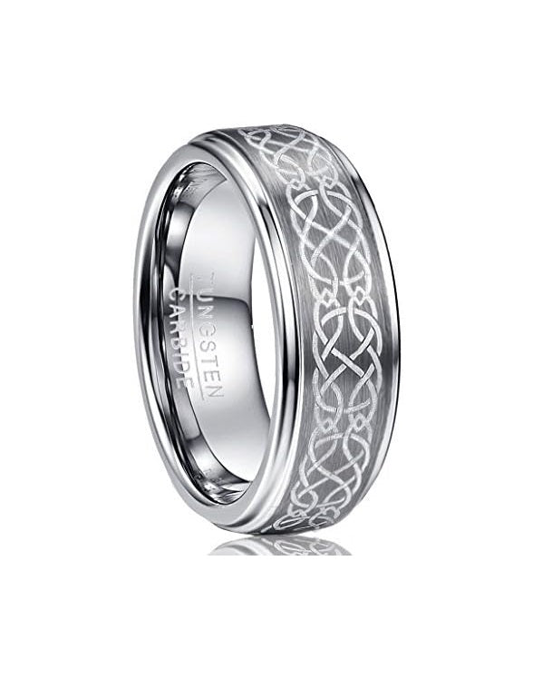 Genuine Carbide Tungsten Color: SILVER Laser Celtic Knot Brushed 8mm RING Polished Shiny Comfort Fit Wedding Band Size Size 6-15