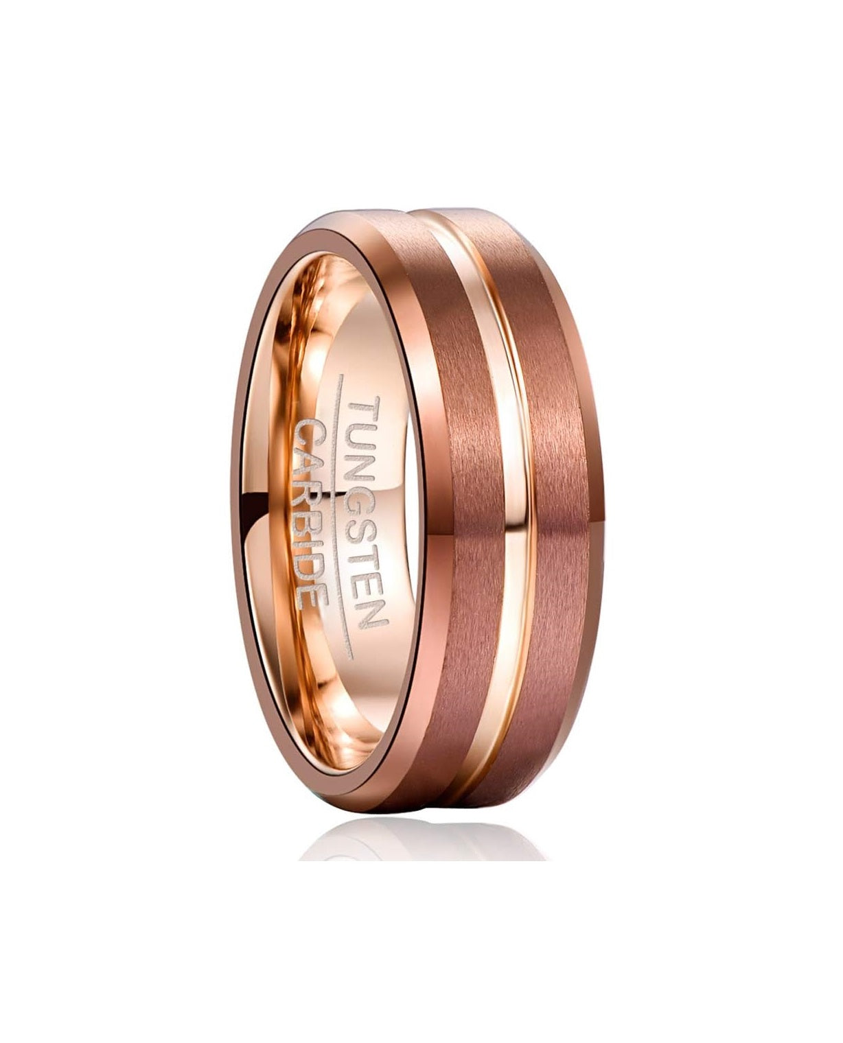 Genuine Tungsten Carbide 8mm matte brushed finish, brown + rose gold design high polish inner face beveled edge center comfort fit wedding band ,Size 6-15