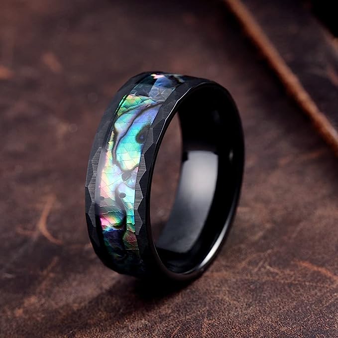 Genuine Carbide Tungsten Color: BLACK 8mm RING Hammered Design Abalone Shell Inlay Polished Shiny Comfort Fit Wedding Band Size 6-15
