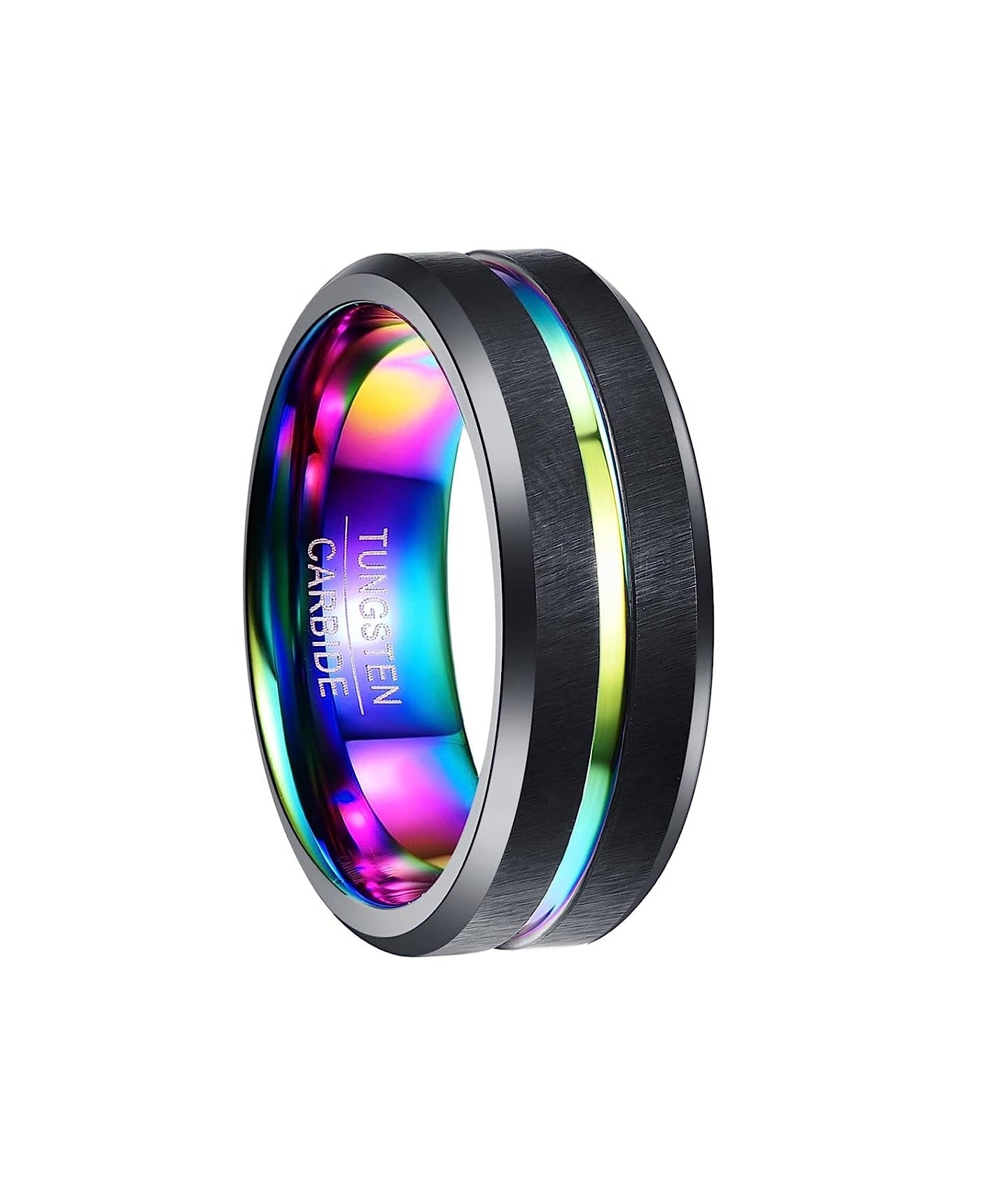 Genuine Tungsten Carbide 8mm green/red/purple/blue multi-color center groove black matte finish polished beveled edge comfort fit wedding band Size 6-15