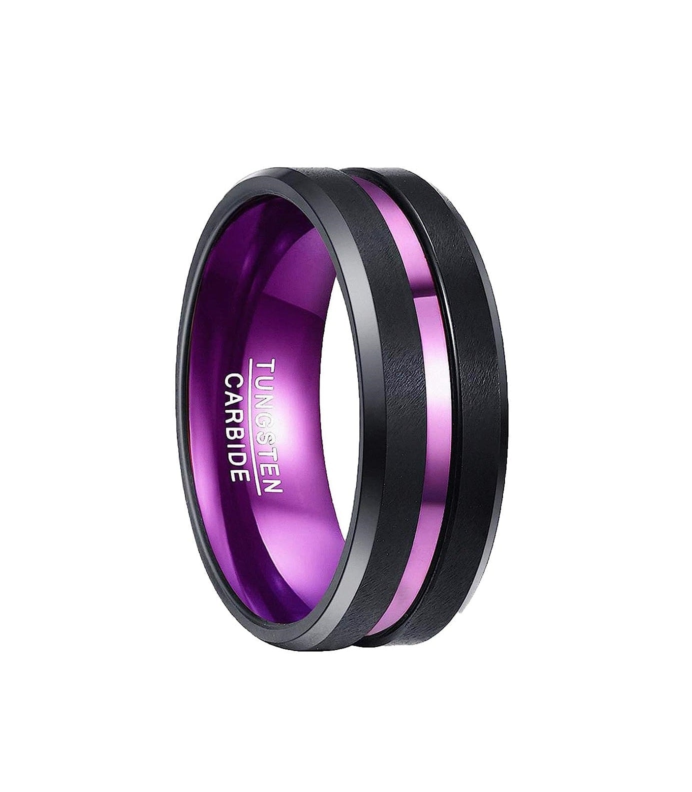 Genuine Tungsten Carbide 8mm Ring Purple Grooved Black Matte Finish Polished Beveled Edge Comfort Fit Size 6-15