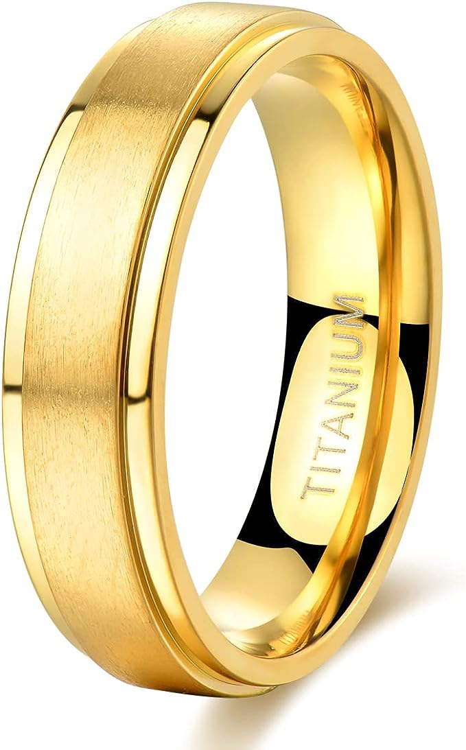 Genuine Titanium Golden Brushed 6mm Wide Stepped Beveled Edges Ring Wedding Band High Polished Comfort Fit.