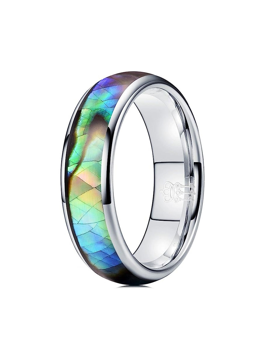 Genuine Carbide Tungsten Color: SILVER 6mm RING Abalone Shell Inlay Polished Shiny Comfort Fit Wedding Band Size 6-15