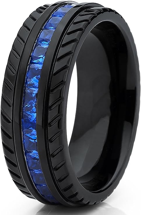 Genuine Titanium Black Blue CZ inlay 8mm Wide Eternity Ring Wedding Band High Polished Comfort Fit.