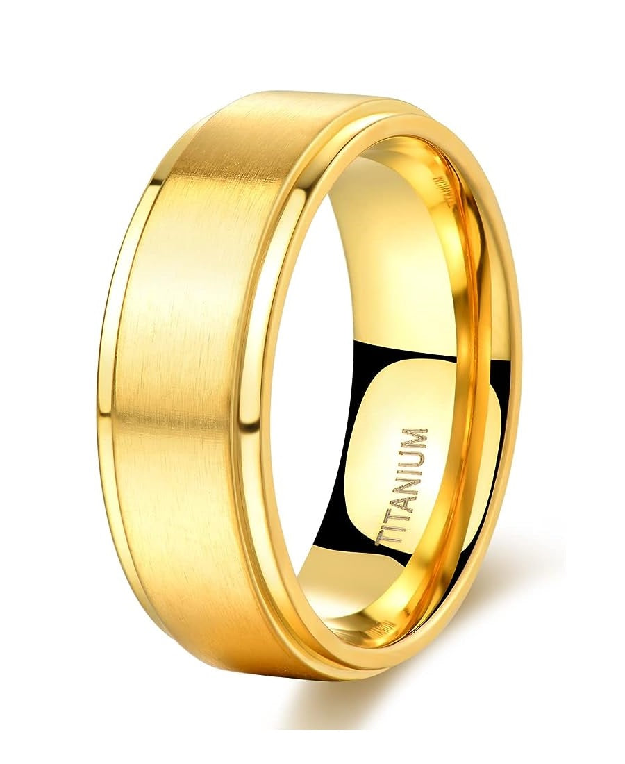 Genuine Titanium Golden Brushed 8mm Wide Stepped Beveled Edges Ring Wedding Band High Polished Comfort Fit.
