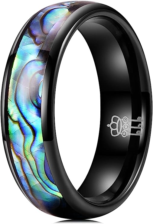 Genuine Carbide Tungsten Color: BLACK 6mm RING Abalone Shell Inlay Polished Shiny Comfort Fit Wedding Band Size 6-15