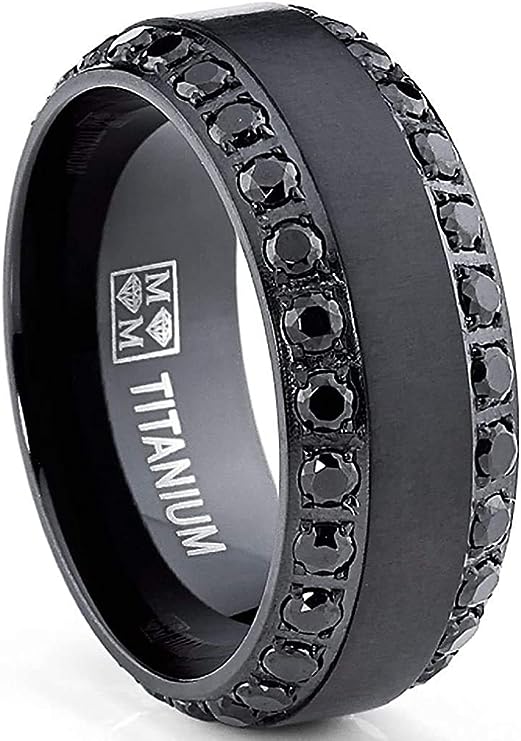 Genuine Titanium Black CZ inlay 8mm Wide Eternity Ring Wedding Band High Polished Comfort Fit.
