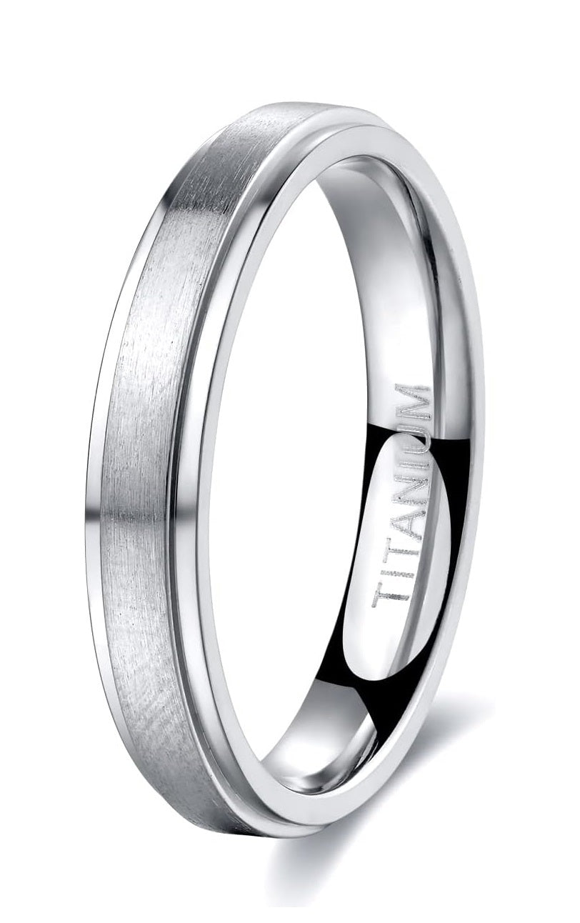 Genuine Titanium Silver Brushed 4mm Wide Stepped Beveled Edges Ring Wedding Band High Polished Comfort Fit.