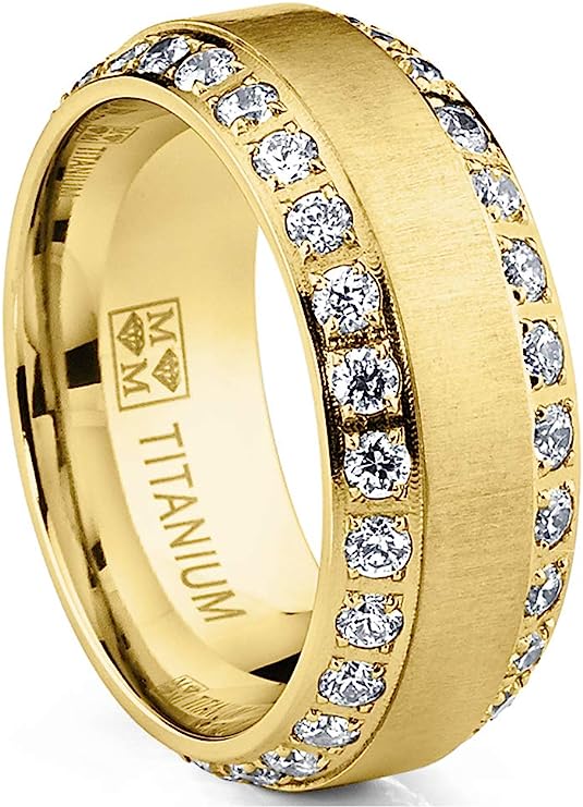 Genuine Titanium Goldtone CZ inlay 8mm Wide Eternity Ring Wedding Band High Polished Comfort Fit.