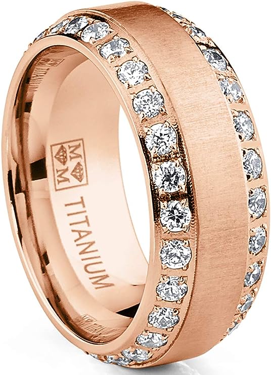 Genuine Titanium Rosegold Tone CZ inlay 8mm Wide Eternity Ring Wedding Band High Polished Comfort Fit.