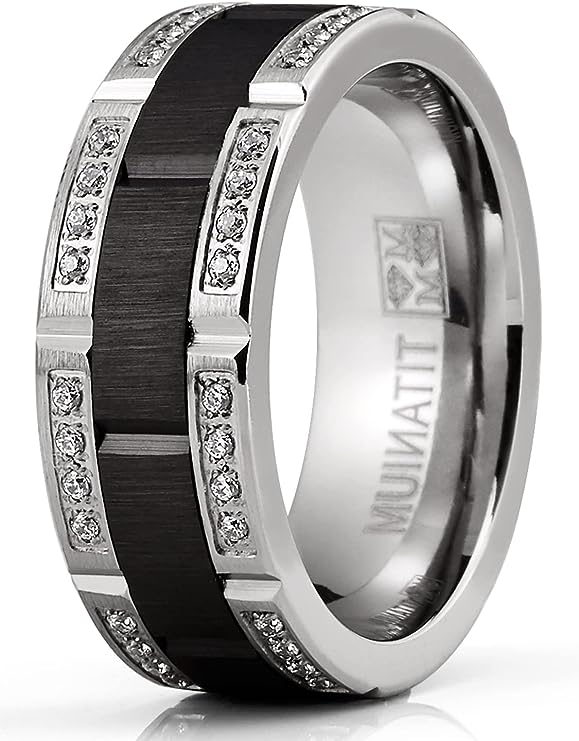 Genuine Titanium Silver CZ inlay 8mm Wide Ring High Polished Comfort Fit.
