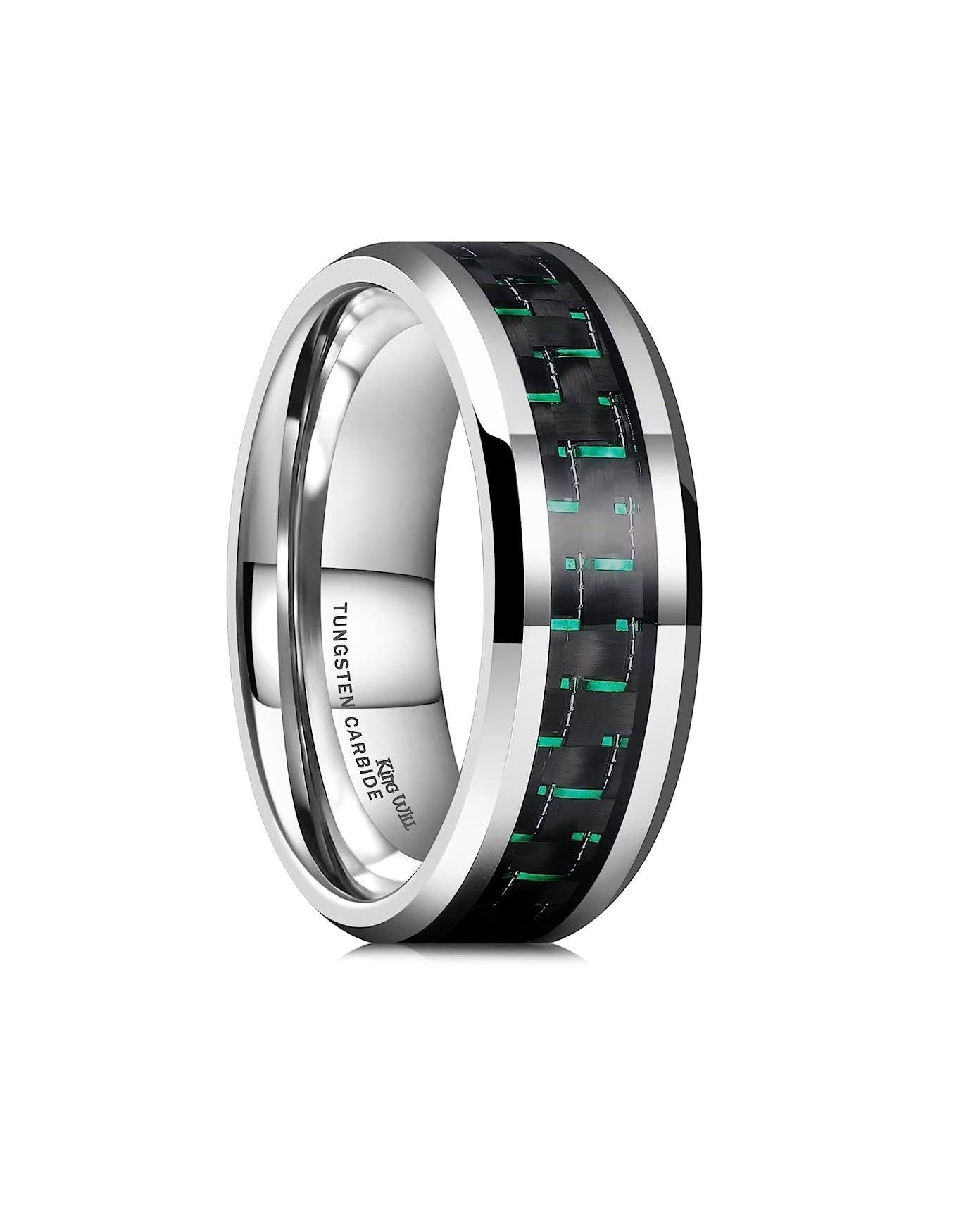 Genuine Carbide Tungsten 8mm Ring Silver-with Green Black carbon fiber inlay, Comfort Fit wedding band Size 6-15