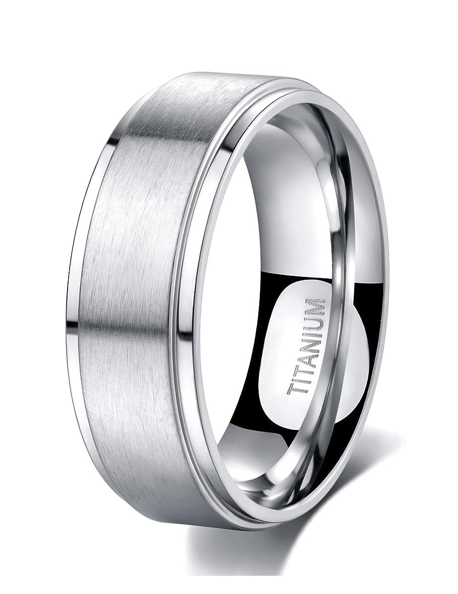 Genuine Titanium Silver Brushed 8mm Wide Stepped Beveled Edges Ring Wedding Band High Polished Comfort Fit.
