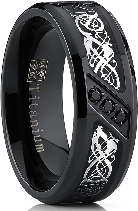 Genuine Titanium Black Fiber inlay CZ Silver Dragon Carbon 8mm Wide Ring High Polished Comfort Fit.