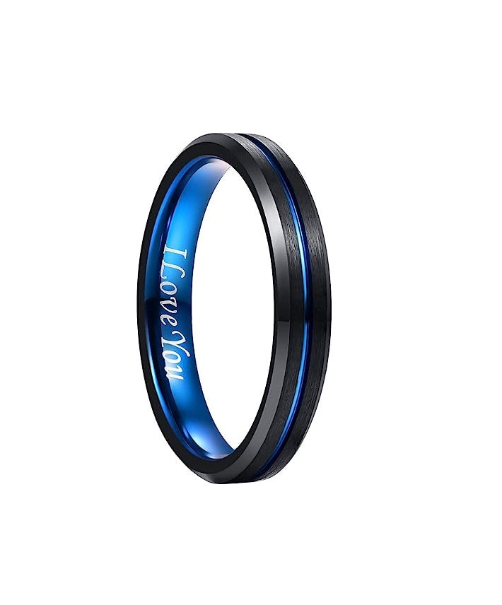 Genuine Tungsten Carbide 4mm Ring - Brushed matte finish, thin blue line and beveled edge Comfort Fit Size 6-15