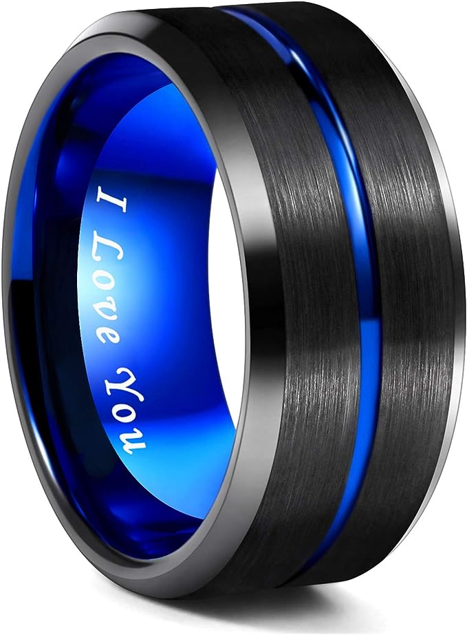 10mm Genuine Tungsten Carbide -"I Love You" Engraved Inside RING" Black Brushed Blue Line Center-Band Width 10mm Ring Comfort fit