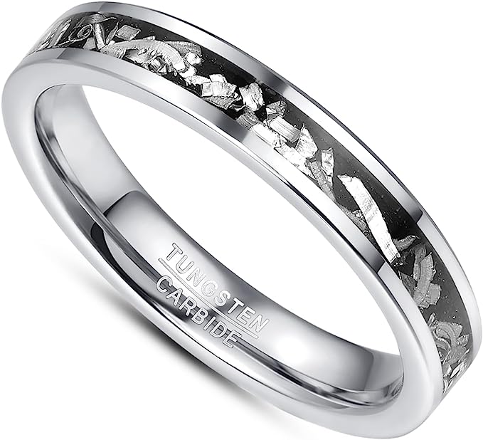 Genuine Carbide Tungsten Color: SILVER 4mm Meteorite Inlay Polished Shiny Comfort Fit Wedding Band Size 6-15
