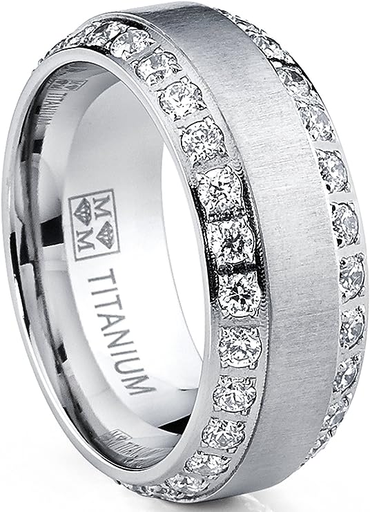 Genuine Titanium Silver CZ Eternity Brushed 8mm Wide Ring High Polished Comfort Fit.