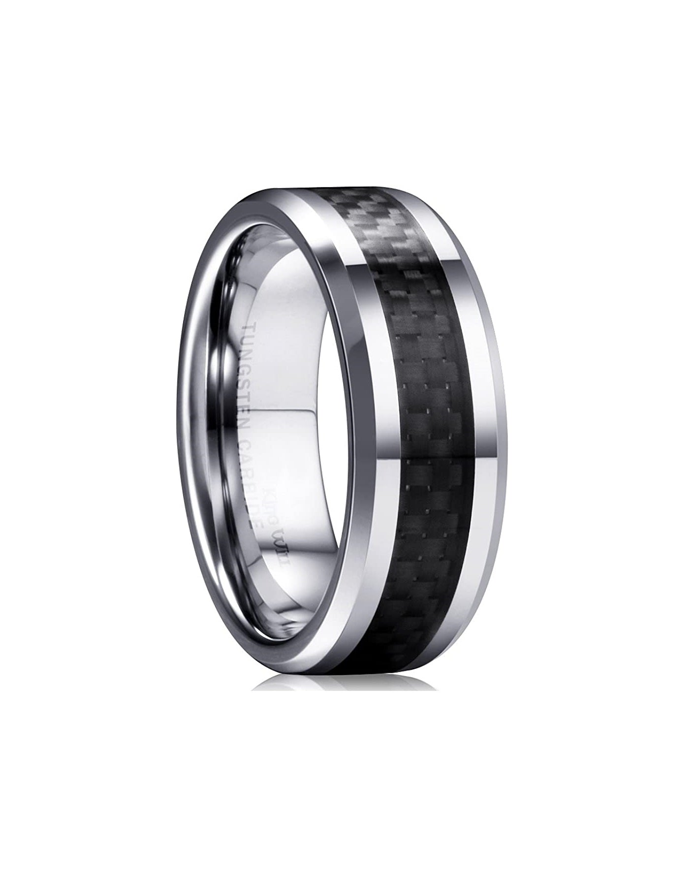 Genuine Carbide Tungsten 8mm ring silver with black carbon fiber inlay, Comfort Fit wedding band Size 6-15