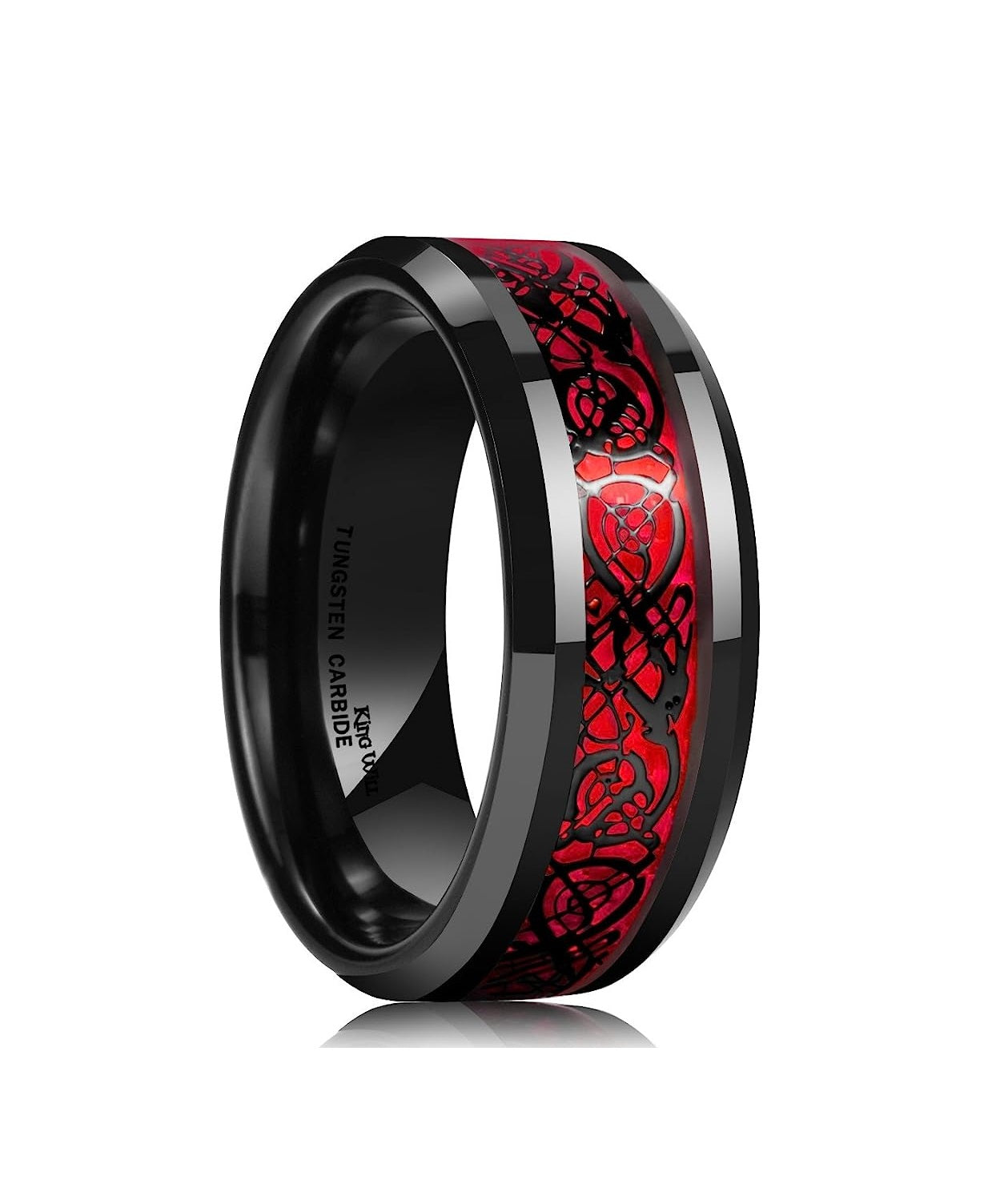 Genuine Carbide Tungsten Color: BLACK Laser Celtic Dragon RED Fiber Inlay 8mm RING Polished Shiny Comfort Fit Wedding Band Size Size 6-15