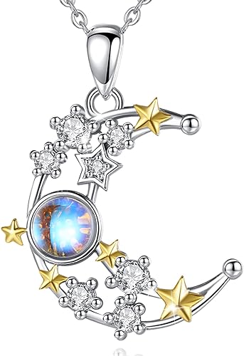 ONE :ONE :π Silver Sun and Moon Stars Moonstone Pendant Necklace π 925 Sterling Silver White Gold Plated