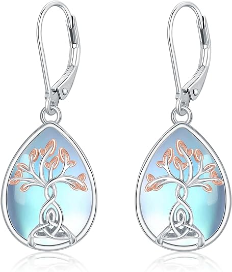 ONE: Exquisite TREE Color: MOONSTONE Dangle Earrings 925 Sterling Silver