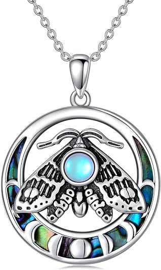 ONE :💎 Moonstone Abalone Shell Moth Pendant NECKLACE Fine Jewelry 💎