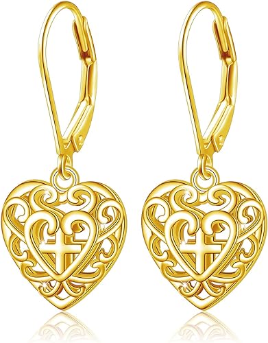 ONE: Style: YELLOW GOLD Heart CROSS Dangle Earrings 925 Sterling Silver