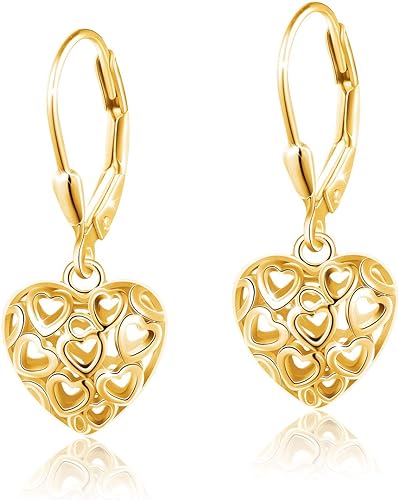 ONE: Style: HEART DROP YELLOW GOLD Dangle Earrings 925 Sterling Silver