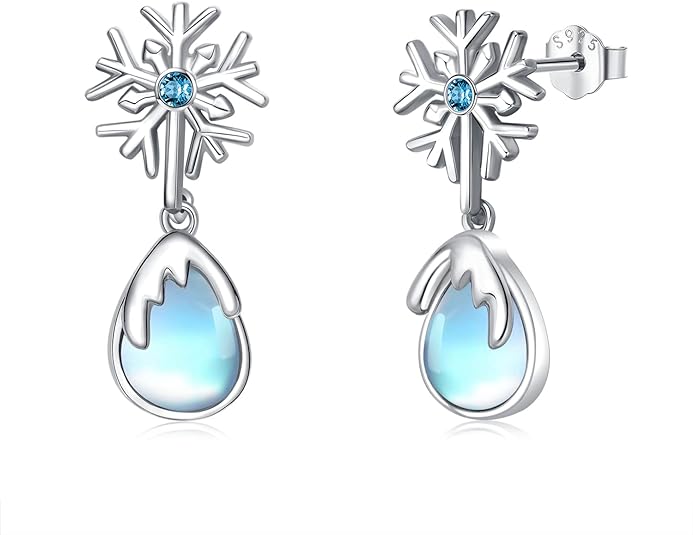 ONE: Exquisite Snow Flake's Color: MOONSTONE Dangle Earrings 925 Sterling Silver