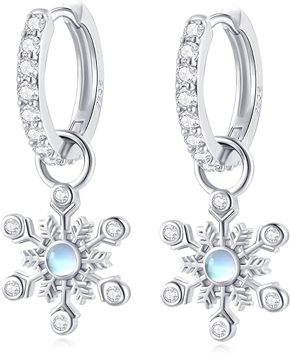 ONE: Exquisite Snow Flake's Hoop Color: MOONSTONE Dangle Earrings 925 Sterling Silver